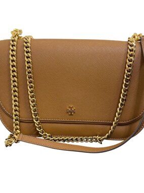 Tory Burch Leather Crossbody Bag With Gold Chain Strap Brown